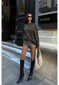 Resim WeShaya Kadın Haki Taşlı Pamuk Oversize Sweatshirt Haki 