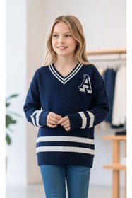 Resim Minimoda Kids Kız Çocuk V Yaka A Nakışlı Çizgi Detaylı Kazak 