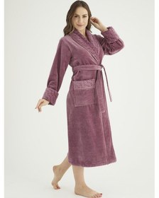 Resim Yaka Jakarlı %100 Cotton Bayan Bornozu Gül Kurusu 