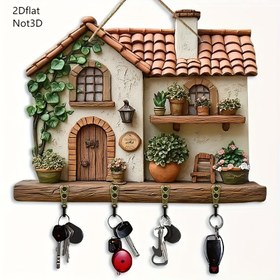 Resim 4 Metallik Kancalı 2D Düz Ahşap Köy Kulübesi Çok Amaçlı Askı, 27.94 cm x 22.86 cm - Veranda Dekoru, Oda Süslemesi, Villanın Güzelliği, Mevsimlik Ev Dekorasyonu için Mükemmel, İdeal Yeni Eve Taşınma Hediyesi 