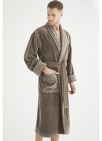 Resim Yaka Jakarlı %100 Cotton Erkek Bornozu Haki 