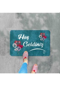 Resim Dijital Baskılı Kapı Önü Paspas Hoşgeldiniz Yazılı Çiçek Desenıç Ve Dış Kapı Paspası Yıkanabilir Açık Bej 