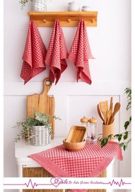 Resim 2 Adet 40x60 Dama Desen Mutfak Havlusu, Sunum Havlusu, Dekoratif Havlu Kırmızı 