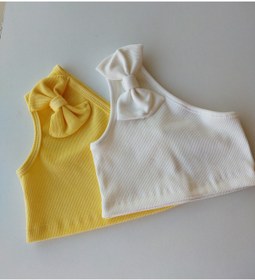 Resim HEREN BUTİK Kız Çocuk İkili Beyaz Sarı Fiyonklu Tek Omuz Crop Bluz %100 Pamuklu Fitilli Esnek Kumaş 