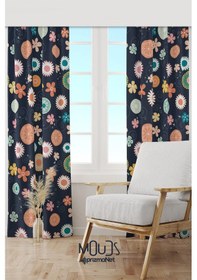 Resim Lacivert Çiçek Desenli Süet Oturma Odası Salon Fon Perde Baskılı Ekstrafor Büzgü 2 Kanat Prd-1021 Çok Renkli 