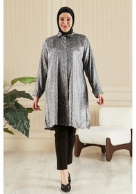 Resim Kadın Tesettür Büyük Beden Leopar Desenli Uzun Gömlek Tunik 001 