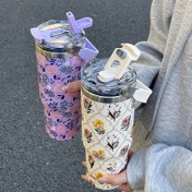Resim Lüks Çiçekli Paslanmaz Çelik Yalıtımlı Tumbler 900ml - Sızdırmaz, BPA İçermeyen, Pipet & Kapaklı, Dış Mekan Sporları ve Hediyeler İçin 