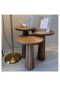 Resim Wood 3 Lü Set Mantar Yan Sehpa Modern Ahşap Ceviz Renk Fiskos 