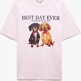 Resim Koton Kısa Kollu Bisiklet Yaka Pamuklu Köpek Baskılı Oversize Tişört Pembe 5sal10788ık Gül 