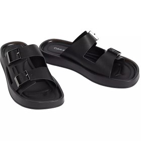 Resim Calvin Klein Erkek Çift Metal Tokalı %100 Deri Rahat Taban Siyah Sandalet 