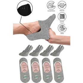 Resim Saysez Bambu Kadın Babet Gri Melanj Çorap Dikişsiz Görünmez Kaydırmaz Topuk Silikonlu Premium 4'lü Paket Renkli 
