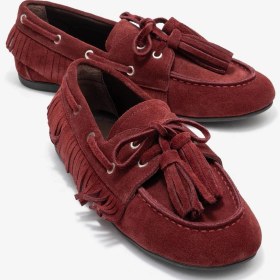 Resim Luvi Shoes Fenora Bordo Süet Hakiki Deri Saçaklı Püsküllü Kadın Loafer Ayakkabı Bordo 