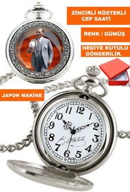 Resim COBRA Kemal Atatürk Görsel ve İmzalı Gümüş Renk Zincirli Köstekli Cep Saati 