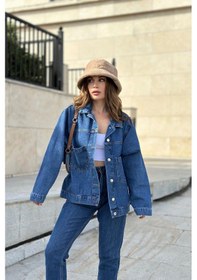 Resim Kadın Mavi Apaş Yaka, Çift Cepli, Kaliteli Jeans Kumaş, Salaş Kot Ceket Mavi 