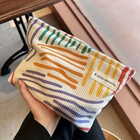 Resim 1 Adet Renkli Çizgili Makyaj Çantası - Fermuarlı Beyaz Kozmetik Çanta, Dayanıklı Polyester Seyahat Tuvalet Organizatörü, Kadınlar için Taşınabilir Yıkama Çantası, Okul, İş ve Seyahat İçin Mükemmel Hediye, Makyaj Seyahat Çantası 