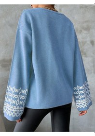 Resim Bisiklet Yaka Salaş Kol Oversize Jakar Desenli Detaylı Bebe Mavi Triko Kazak Bebe Mavisi 