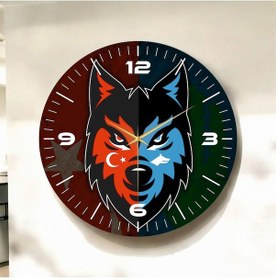 Resim Kırmızı Mavi Renkli Baskı Bozkurt Türk Bayrak Desenli Sayılı Hediyelik Ahşap Sessiz Duvar Saati 50cm ÇOk Renkli 
