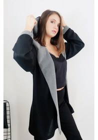 Resim Mois Atelier Ekose Detaylı Triko Hırka, Tasarım, Hediye, Büyük Beden, Tesettür Siyah 