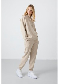 Resim Tommy Life Bej Kapüşonlu Kanguru Cep Oversize Lastik Paça Kadın Eşofman Takımı - 95288 Bej 