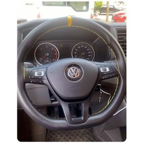Resim Dikişli Deri Direksiyon Kılıf Siyah Deri Sarı Yüzüklü Sarı Dikişli Volkswagen İçin 