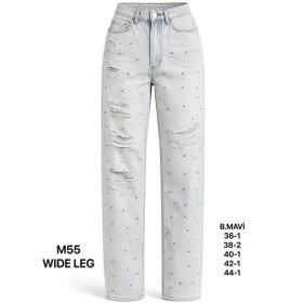 Resim Miss Poem Kadın Buz Mavi Taş Detaylı Yırtık Wide Leg Jean Pantolon 