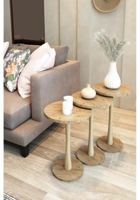 Resim 3'lü Zigon Ahşap Mantar Sehpa Seti Kahverengi 