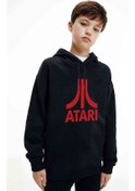 Resim Atari Logo Baskılı Unisex Çocuk Kapüşonlu Siyah Sweatshirt Siyah 