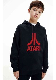 Resim Atari Logo Baskılı Unisex Çocuk Kapüşonlu Siyah Sweatshirt Siyah 