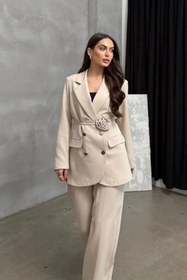 Resim buqre's moda Kadın İkili Blazer Ceket Pantolon Takım Aksesuar Gül ve Düğme Detaylı Bol Paça 