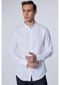 Resim Tudors Erkek Slim Fit Dar Kesim Uzun Kollu %100 Pamuk Keten Doku Hakim Yaka Beyaz Gömlek-26932 Beyaz 