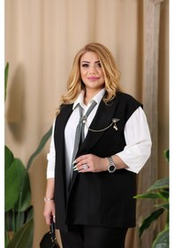 Resim Lady Sharm Krep Kumaş Zincir ve Kravat Detaylı Büyük Beden Kadın Takım Siyah 