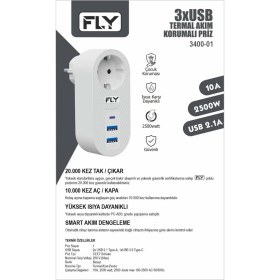 Resim Fly 3400-01 Akım Korumalı 3 USB Çıkış Hızlı Şarjlı Topraklı Priz 