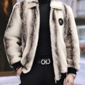 Resim Erkek Kış Suni Kürk Mont - Sıcak Renk Bloklu Yaka Ceket, Fermuar Kapatma, Siyah ve Bej Kontrast Tasarım, Günlük ve Resmi Giyim için Normal Beden, Polyester Astar, Şık Sokak Modası, Suni Kürk Mont 