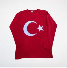 Resim Ay Yıldız Baskılı Uzun Kollu Çocuk Tişört Kompakt Penye Kırmızı - Beyaz 