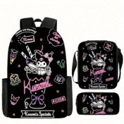 Resim Sanrio for kuromi 3pcs Backpack Set, Anime Polyester School Bag with & Pencil Case, Large Capacity Travel Organizer, Zipper Closure, Cosmetic Storage Bag 
