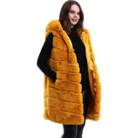 Resim Equri Kapşonlu Peluş Kürk Yelek Premium Kalite, Tam Astarlı, Uzun Model - Sarı 