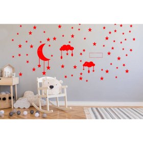 Resim Ersa Sticker Bulut, Yıldız, Ay Ve Özel Isimli Duvar Sticker, Çocuk Odası Etiket , Bebek Odası Sticker Kırmızı 