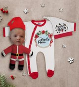 Resim BK Gift Kişiye Özel Yılbaşı Temalı Tulum Zıbın Kukuletalı Şapka ve Bebek Yastık Hediye Seti-2 
