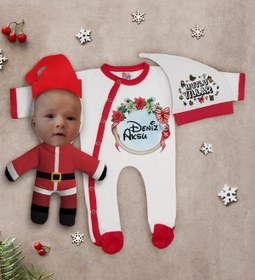 Resim BK Gift Kişiye Özel Yılbaşı Temalı Tulum Zıbın Kukuletalı Şapka ve Bebek Yastık Hediye Seti-2 