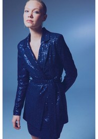 Resim Sateen Kuşaklı Payet Ceket - Lacivert-134240 Lacivert 