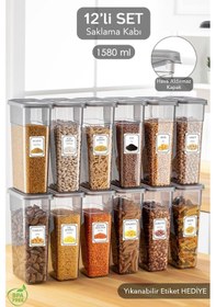 Resim 12'li Etiketli Erzak Saklama Kabı Seti - Sızdırmaz Kapaklı Bakliyat Saklama Kutusu - 12 X 1580 Ml Antrasit 