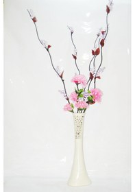 Resim 60 Cm Desenli Krem Rengi Vazo 5 Adet Mor Üzüm Pembe Çiçek 