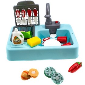 Resim Oyuncak Mutfak Lavabo Modern Mutfak Su ile Çalışan Set Mavi 