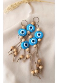 Resim Nazar Boncuk Mavi Anahtarlık 5 Adet Kötü Göz Kovucu Ahşap Boncuklu Nazar Hand Made Hasır Nazarlı Anahtarlık 