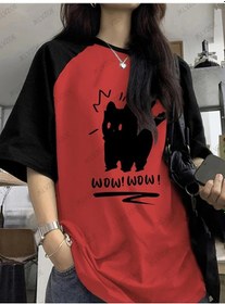 Resim Jklvzoe Komik Kedi Baskılı Kadın Yazlık T-shirt Patchwork Kısa Kollu Y2k Spor Üstmavi Mavi 