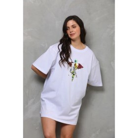 Resim Beruflic Bisiklet Yaka Baskılı Oversize T-Shirt - Beyaz 