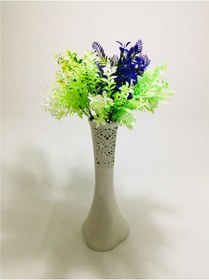 Resim 40cm Uzun Desenli Krem Mor ve Yeşil Tonları Yapay Çiçekli Vazo 