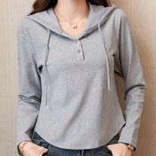 Resim Kadın Rahat Kapüşonlu Sweatshirt, Polyester Elastan Karışımı, Düz Renk, Normal Uzunluk, Düğme Detayları, Örme Kumaş, 180g/ , Tüm Sezonlar 