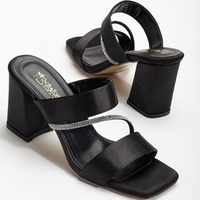 Resim Saten İki Bantlı Çapraz Şerit Taşlı Siyah Kadın Topuklu Terlik-2840-sıyah Siyah 