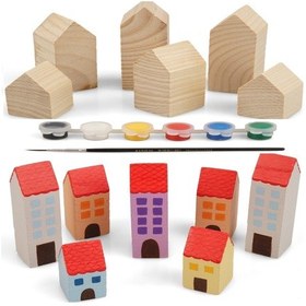 Resim Ahşap Dekoratif Peg Kule Ve Şehir Boyama Seti Altı Farklı Boy Ve 